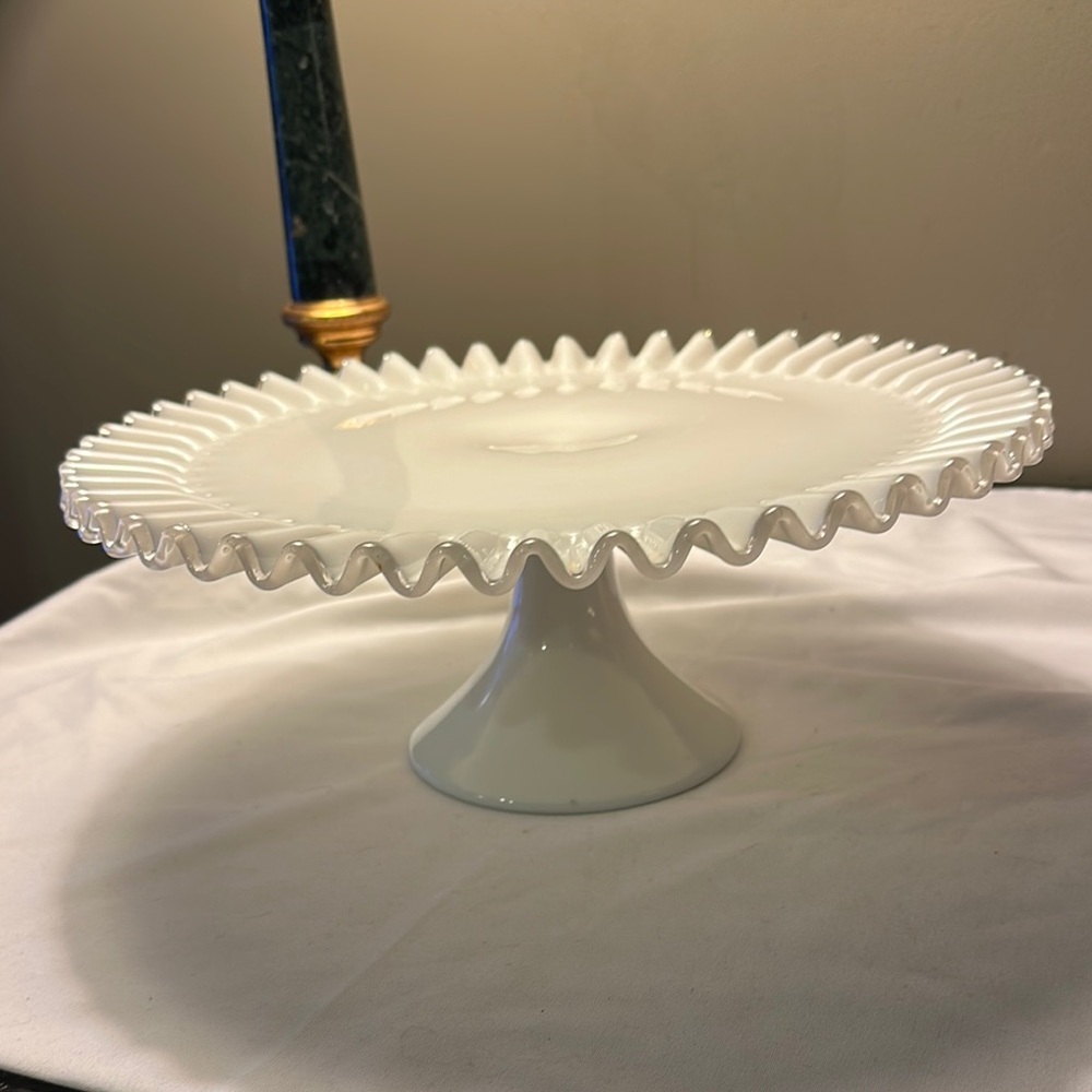 Vintage 13” Fenton Silver Crest Milk glass White Ruffled Edge Cake Stand
